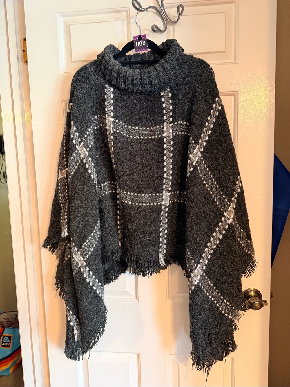 Women’s Charcoal Plaid Turtleneck Poncho Sweater